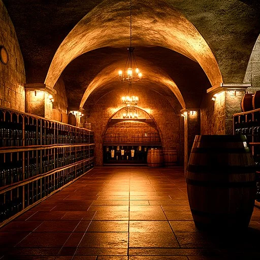 Majestic arched wine cellar with chandeliers, wooden barrels, tiled floor, and shelves lined with wine bottles.
