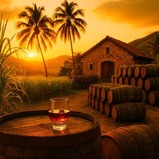 Glass of aged rum on a barrel in front of a rustic distillery, surrounded by palm trees, sugarcane, and stacked casks at sunset—evoking the tropical essence of Virginia Philip’s rum selection.