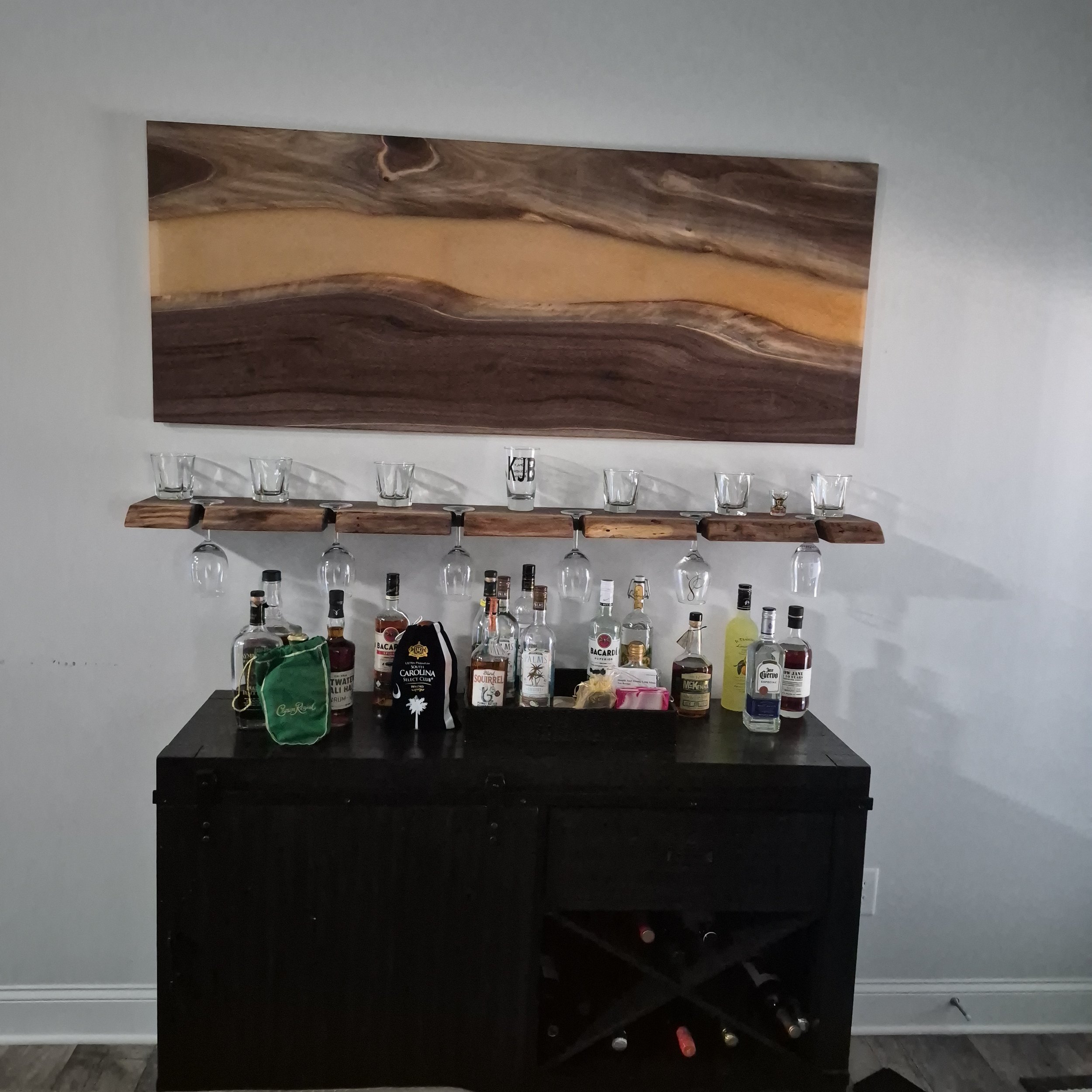Walnut Wall Art and Glassware Floating Shelf