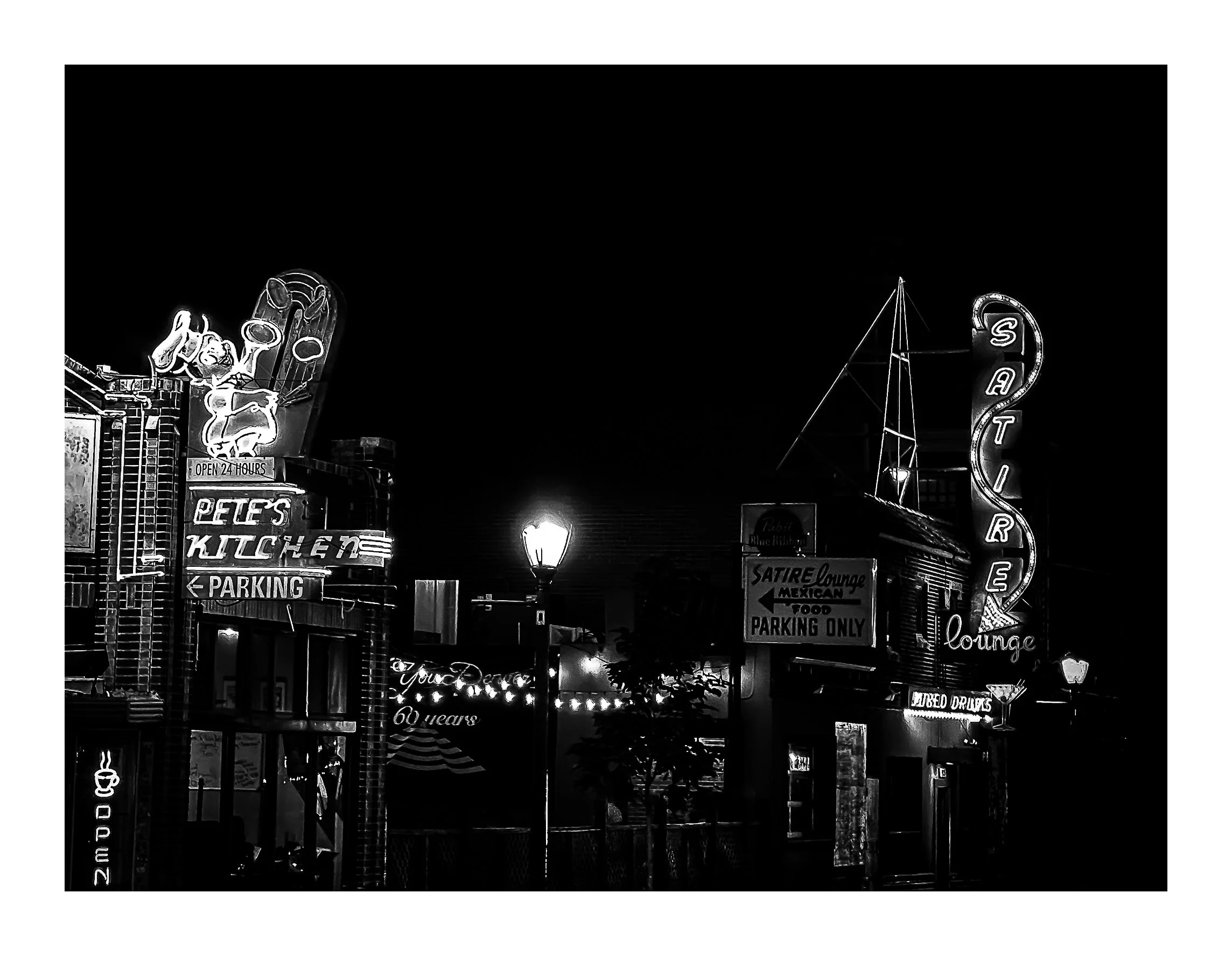 Midnight At Pete’s Kitchen; Late Night Eats Next To Satire  Lounge (BW), 2026
