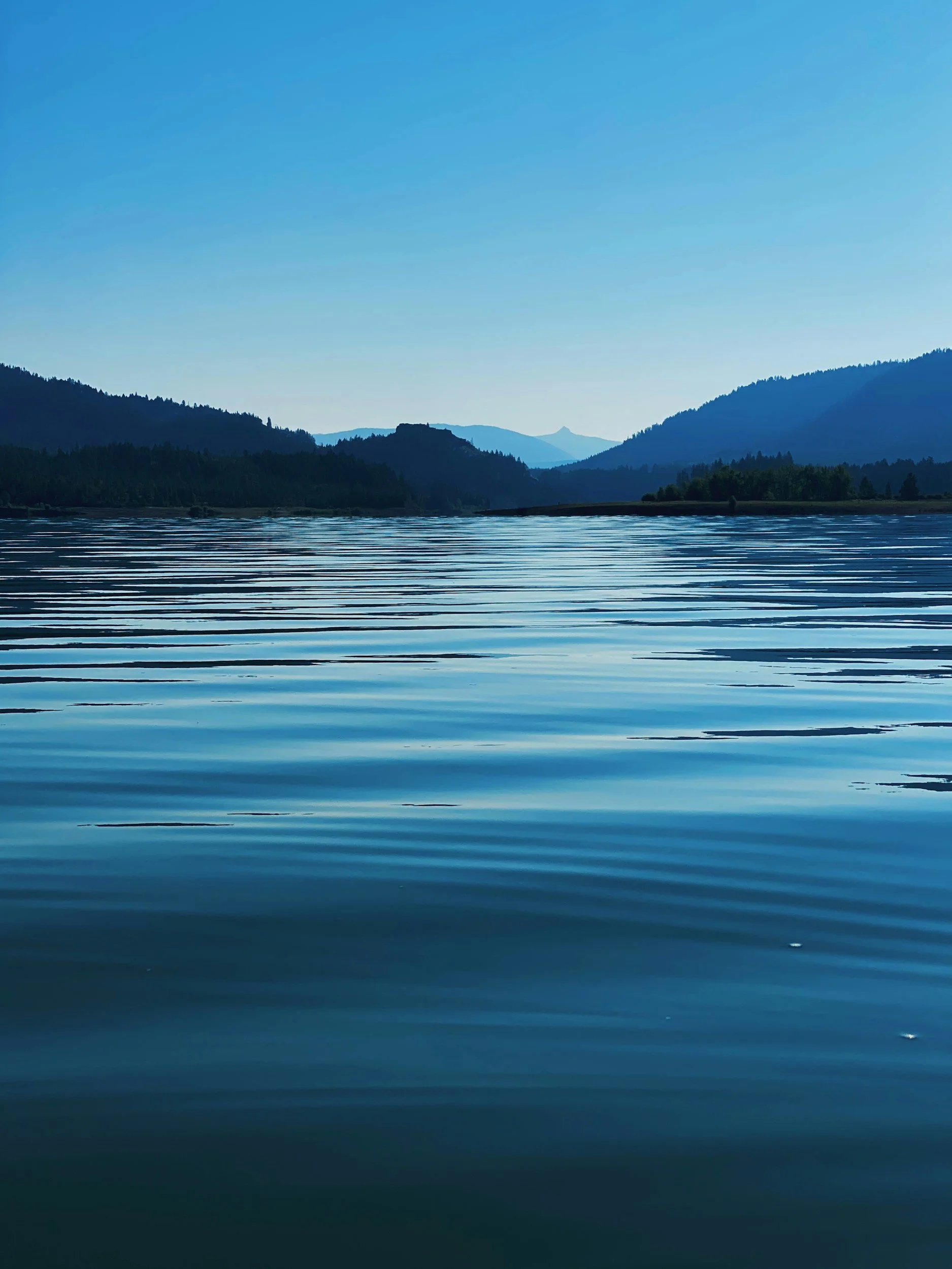 Calm lake surrounded by forested mountains under a clear blue sky.