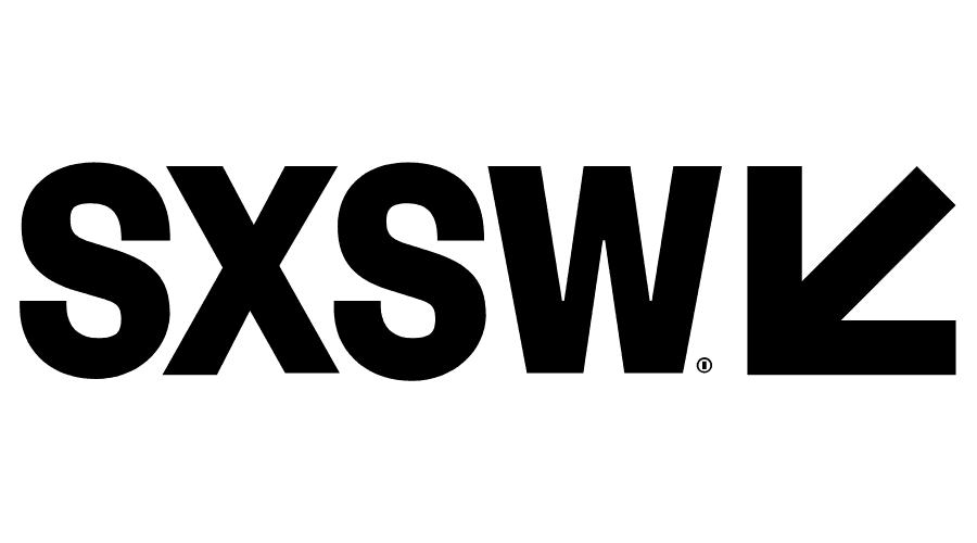 SXSW logo in black on white background with an arrow pointing down.