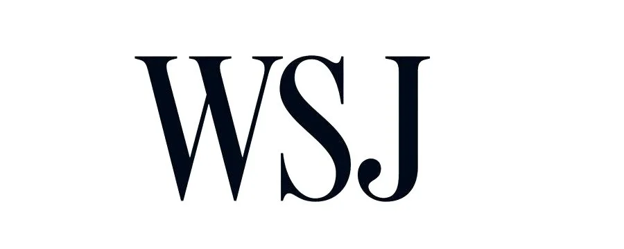 Wall Street Journal logo with a white background and bold black letters WSJ.