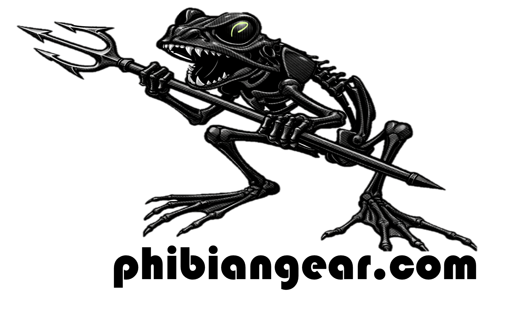 Digital illustration of a skeleton Anura Bellator the amphibious warrior, with armor, the Phibian P and a trident in a black background.