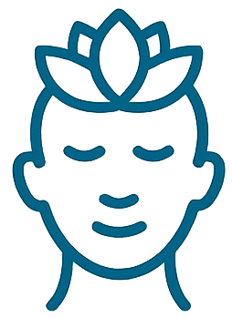 Line drawing of a person with closed eyes, smiling gently, with a stylized lotus flower on their head.