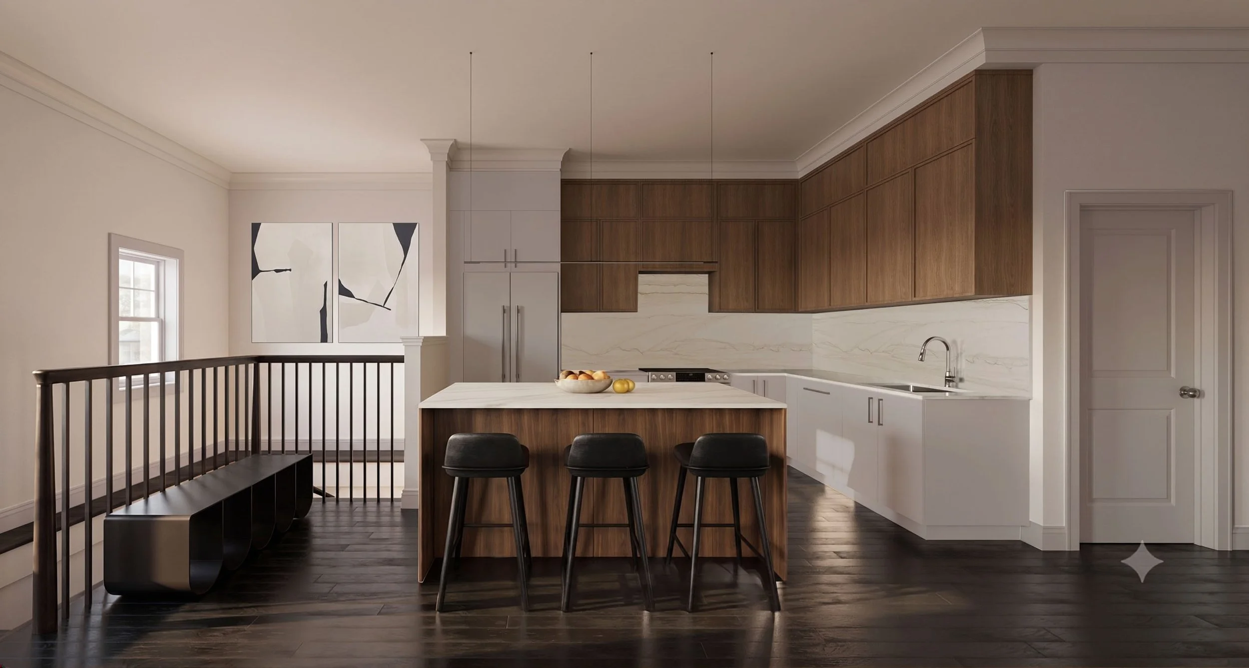 Modern luxury kitchen design with dark hardwood floors and marble backsplash in Boston, MA.
