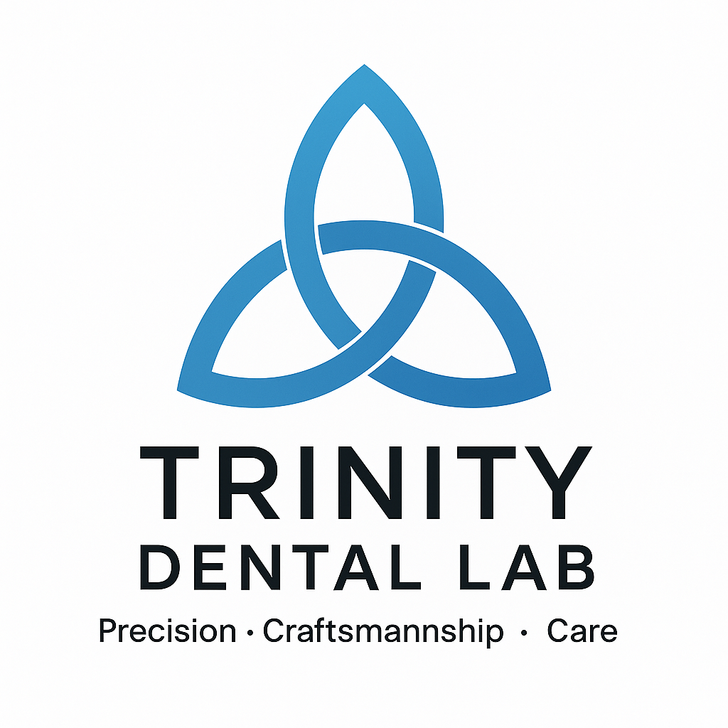 Logo of Trinity Dental Lab featuring three interlocking blue triangles and the text 'TRINITY DENTAL LAB' with the words 'Precision · Craftsmanship · Care' underneath.