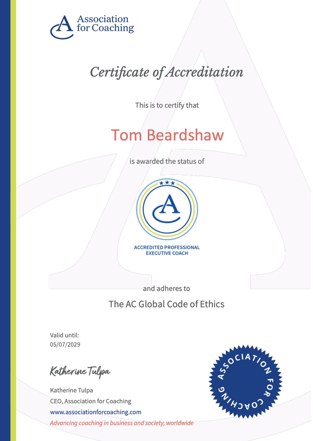 Certificate of Accreditation as Professional Executive Coach - Tom Beardshaw