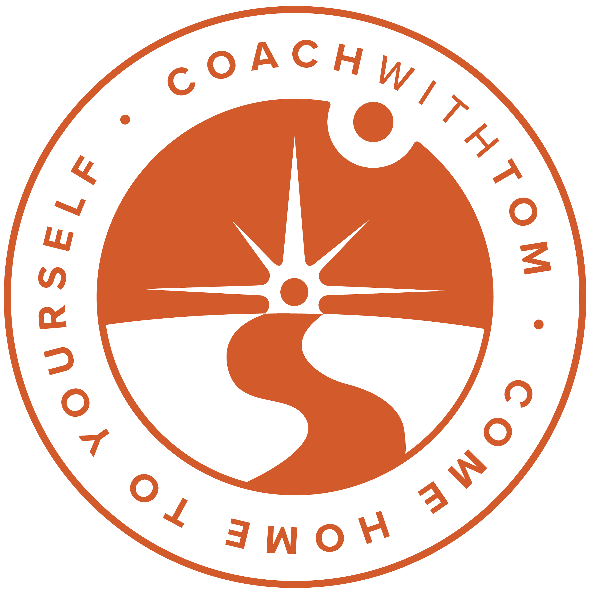 A logo stamp saying COACHWITHTOM COME HOME TO YOURSELF