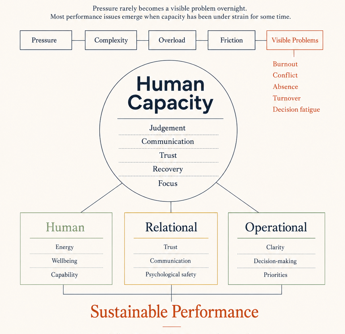 Diagram showing how pressure, complexity, overload and friction affect human capacity and, through human, relational and operational factors, influence sustainable organisational performance.