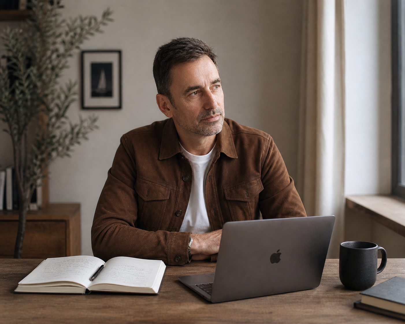Tom is sat at a desk with a laptop and notebook in front of him,  looking out of a window