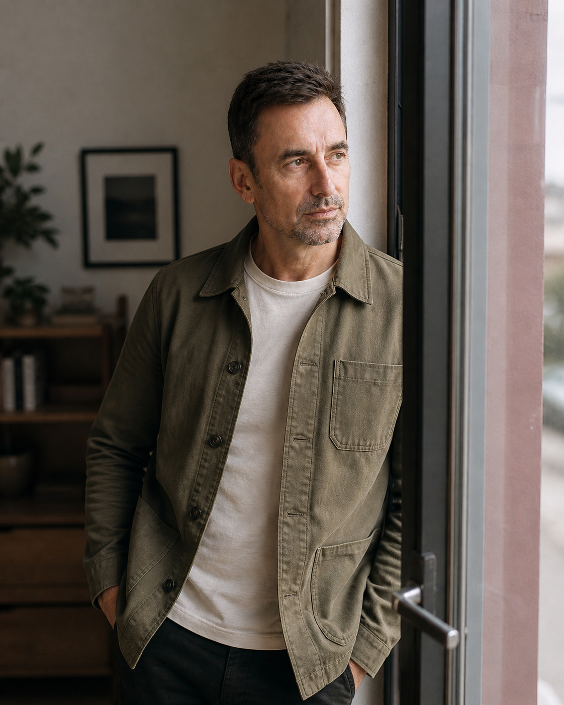 Tom is looking reflective out of a window, wearing a green jacket