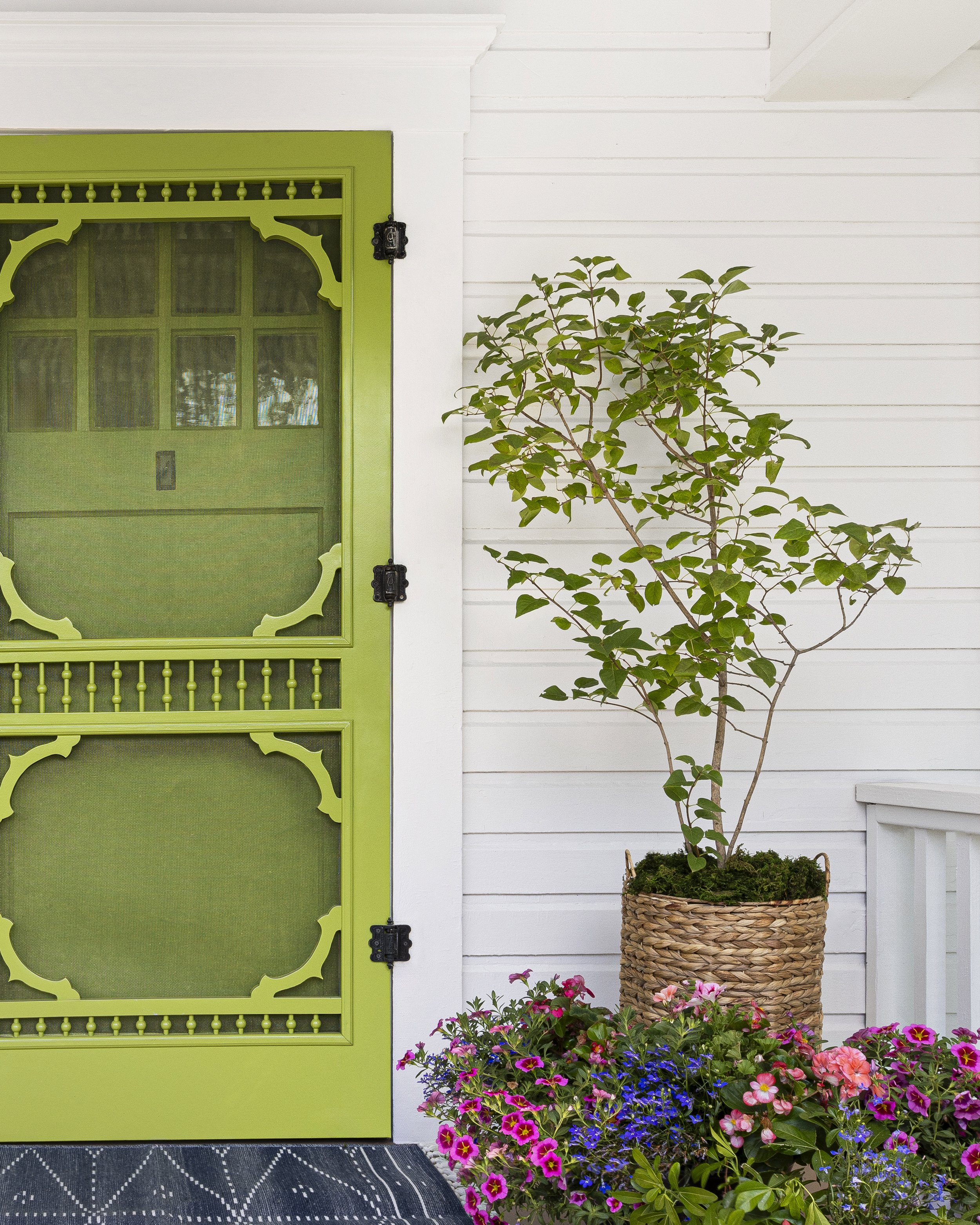 Green screen door on a white house, with potted plants and flowers nearby, including a leafy plant in a woven basket and colorful blooms.
