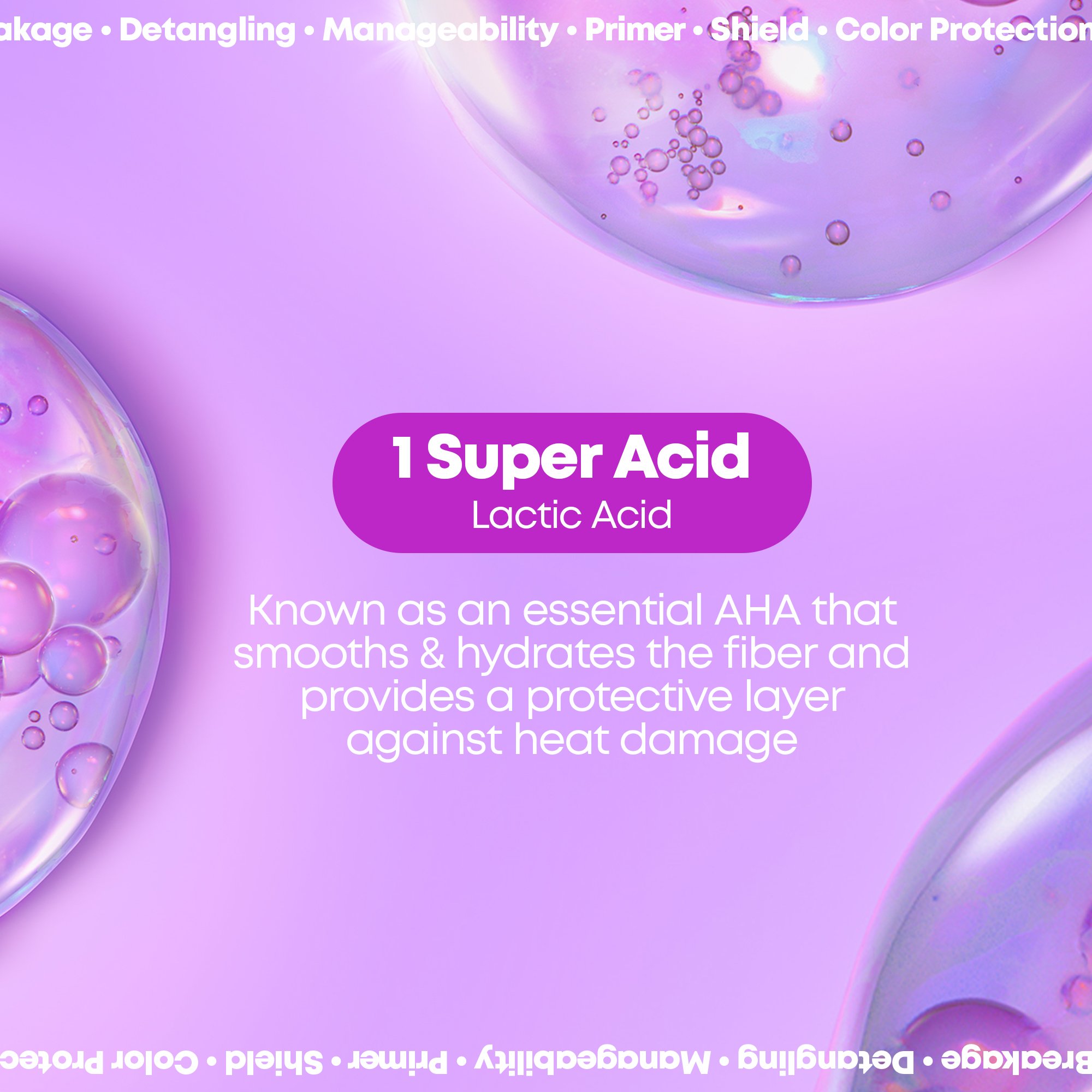 Graphic with a description of lactic acid, an essential AHA, highlighting its benefits of smoothing, hydrating, and protecting fibers against heat damage. The background is purple with bubble-like elements.