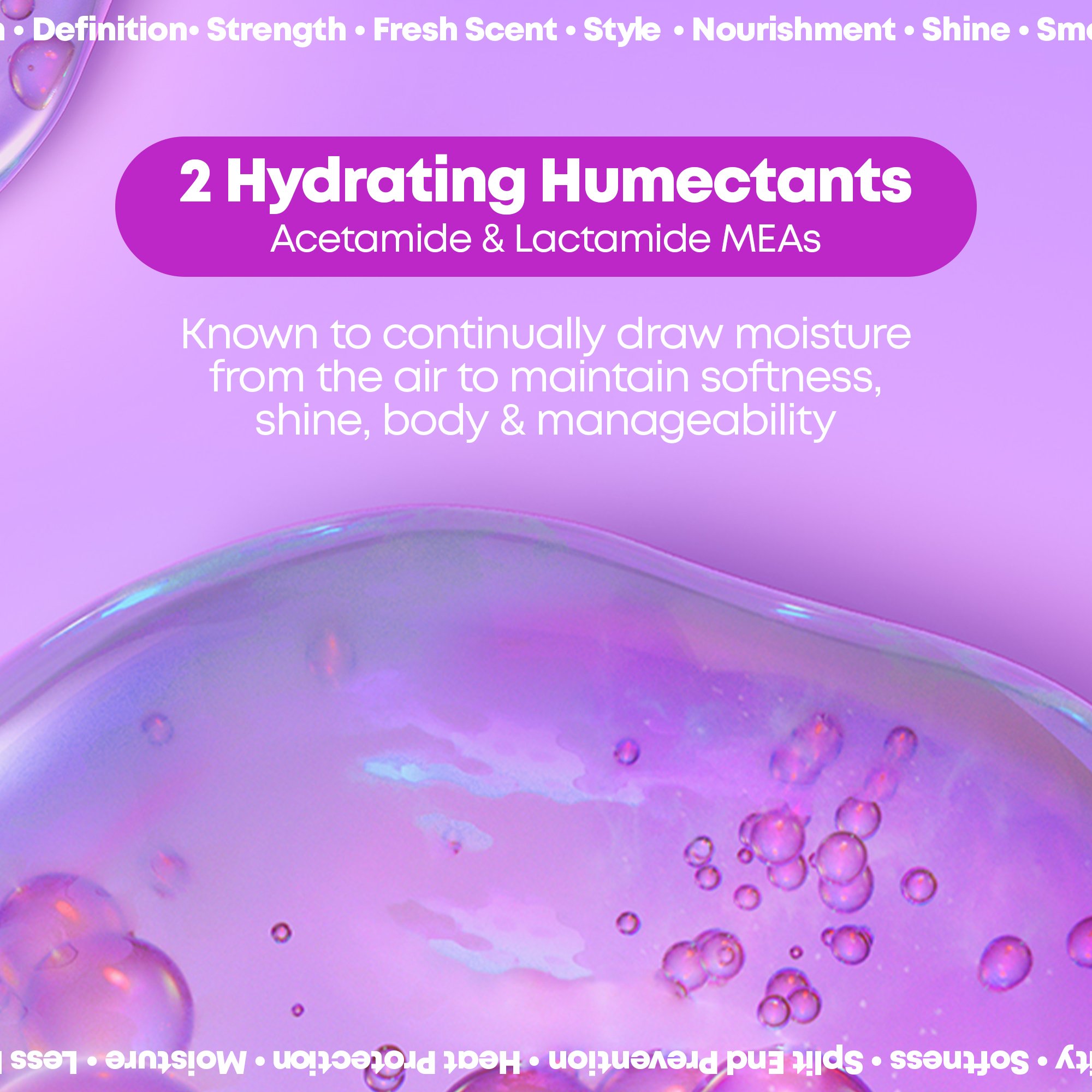 Promotional image for a hair product featuring two hydrating humectants, Acetamide and Lactamide MEAs. Text highlights their benefits for softness, shine, body, and manageability, with a purple and pink gradient background and decorative bubble graph