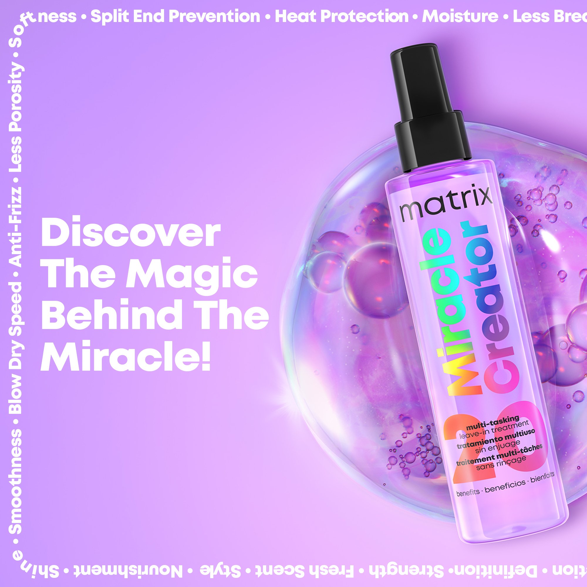 Promotional image for Matrix Miracle Creator hair product, featuring a colorful spray bottle against a purple background, with text promoting benefits like anti-frizz and heat protection.