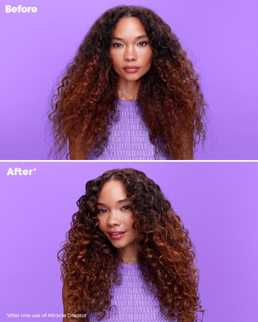 Comparison of a woman's hair before and after using Miracle Creator, showing improved curl definition and shine against a purple background.