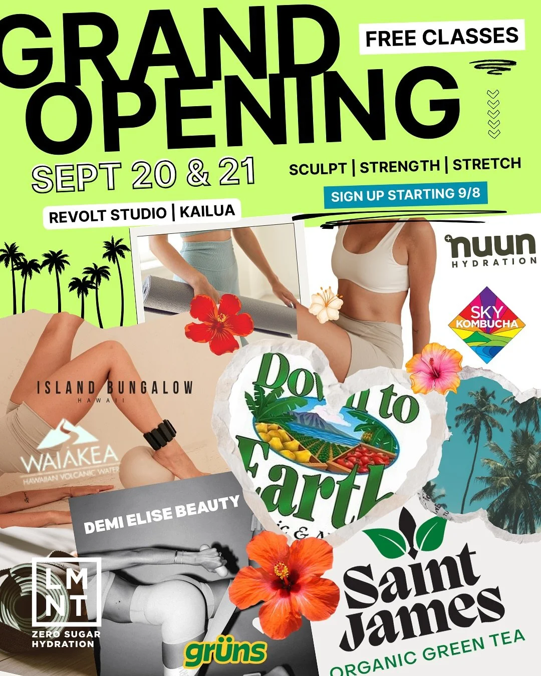 ⚡️ Grand Opening Weekend ⚡️
FREE CLASSES | SEPT 20 + 21
Limited spots, Limited classes
Don&rsquo;t miss out!!! 
Sign ups start 9/8 

Weekend only specials on class packs, founding memberships, and retail! 

Mahalo to our sponsors 🫶🏽🖤✨
@skykombucha