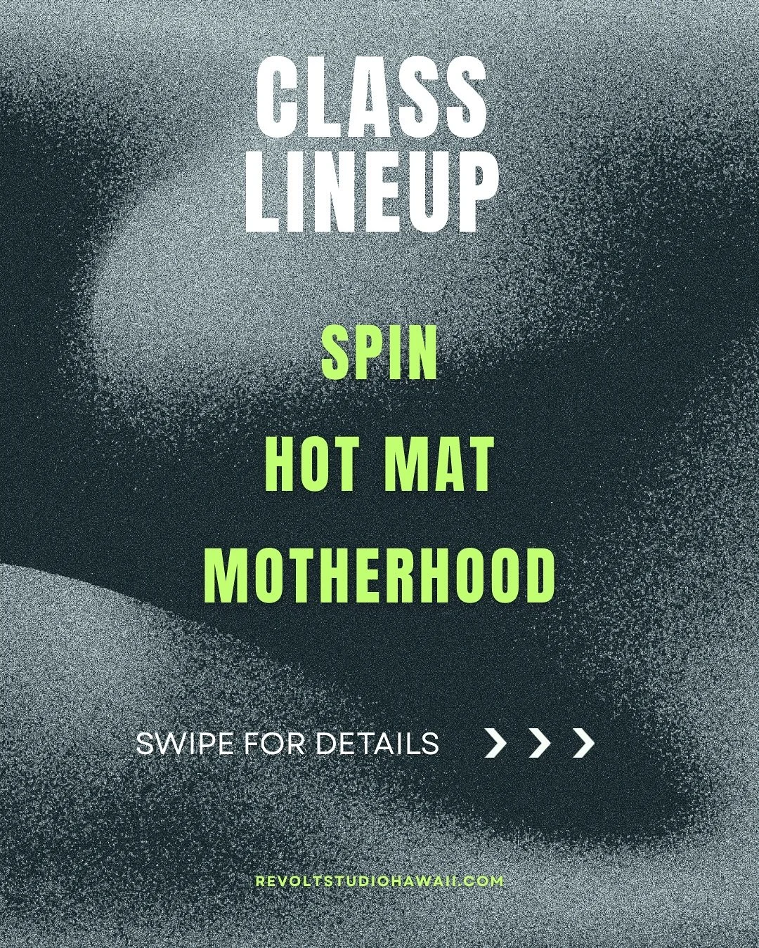 ⚡️CLASS LINEUP⚡️
Spin &gt; HYPE | VOLT | DRFT
Hot Mat &gt; PX1 | PX2 | FUSE | LFTD | T3 | STACK
Motherhood &gt; ROOTED | POSTPARTUM | MAMA X MINI 

stay tuned for workshops, events, community classes, giveaways and more! 🖤