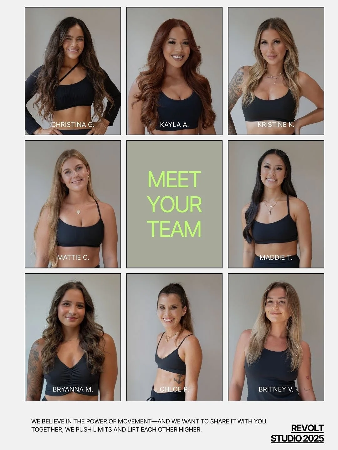 Meet the Revolt Team! ⚡️
From motivating you on the mat, pushing you to crush every beat on the bike or keeping the studio running smoothly&mdash; this crew brings the energy, expertise, and the heart to every class. We believe in the power of moveme