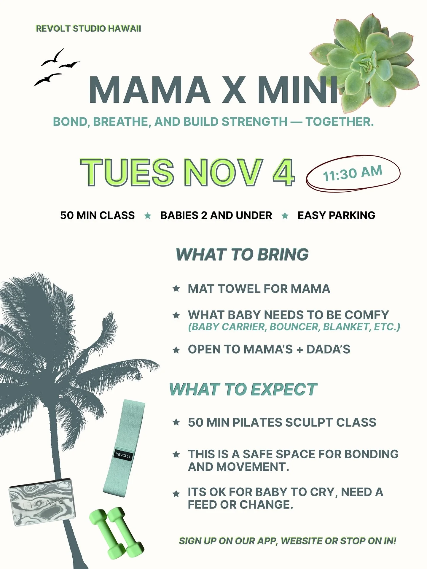 Next Mama x Mini: Tuesday November 4 @ 11:30am 🌸
&bull; 50 min sculpt class
&bull; Minis 2 yrs and under 
&bull; Connect + sweat w other mamas

Bring a carrier, blanket, bouncer, whatever baby needs to be comfortable!!!

&bull; Class starts at 11:30
