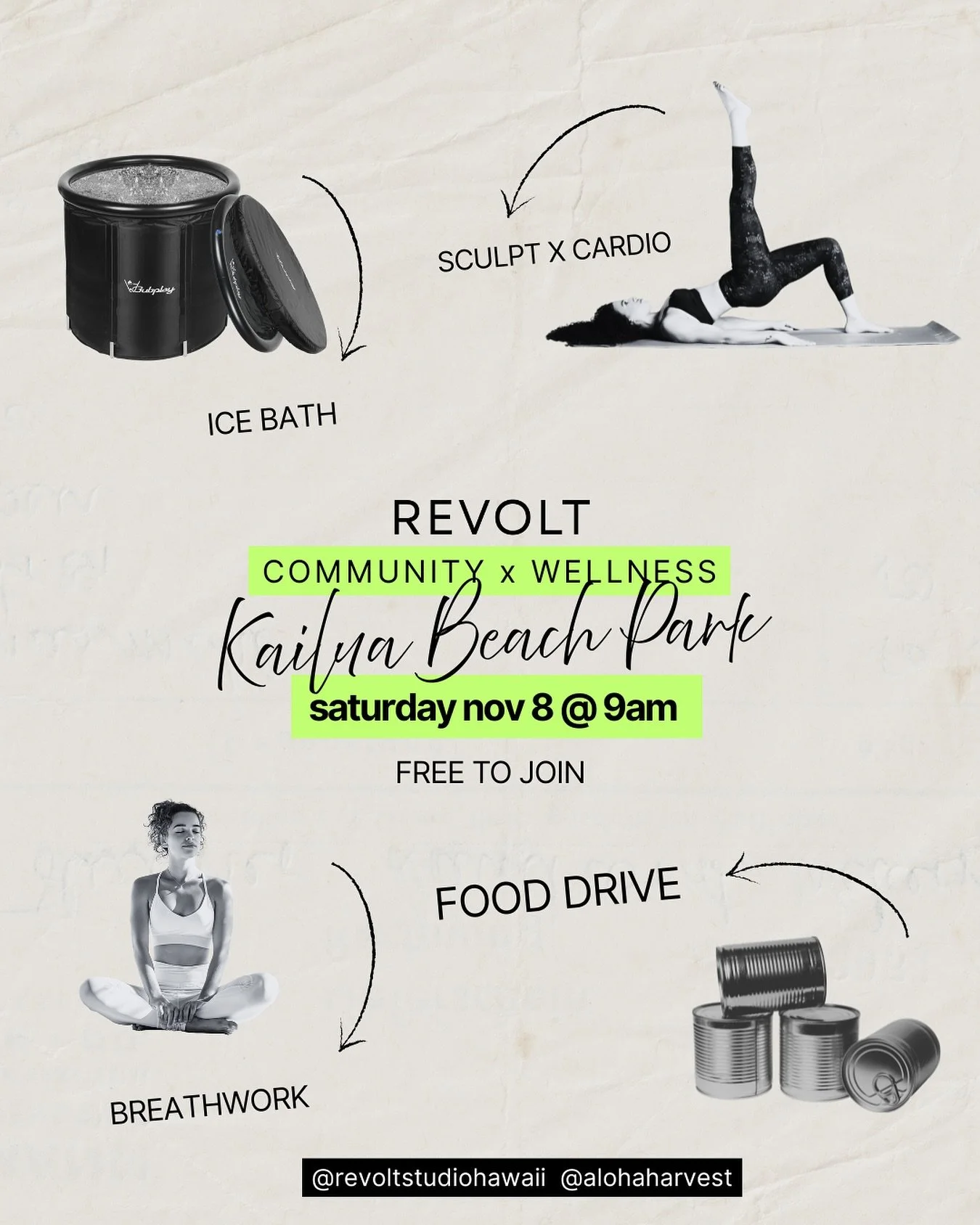 Join us tomorrow morning @ Kailua beach park for our first community wellness event! Come join us!! FREE AND ALL AGES!!

9am SCULPT x CARDIO workout class
10am BREATHWORK class
10-11am ICE BATH
* ACCEPTING FOOD DONATIONS FOR @alohaharvest *

Register