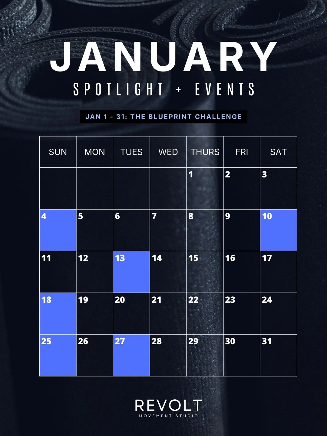 ✨January Spotlight + Events✨
&bull; Faith in Motion &mdash; 1/4, 1/17 &bull; Mama x Mini &mdash; 1/13, 1/27 &bull; Cycle x Strength &mdash; 1/10, 1/18, 1/25
💙 Blueprint Challenge: all month long.

End of year sale ends tomorrow 12/31! 10% off class 