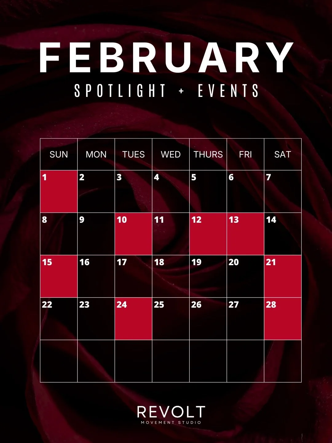 ❣️February Spotlight + Events ❣️
&bull; Faith in Motion - 2/1, 2/15
&bull; Mama x Minis - 2/10, 2/24
&bull; Cycle x Strength - 2/21, 2/28
❣️Will you be our galentine? Thursday 2/12
🍒Couples Only: Date night Friday 2/13

Xoxo, Revolt Team 💋
