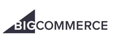 Logo of BigCommerce with stylized purple upward arrow and black text