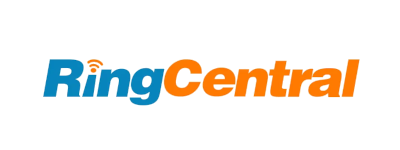 RingCentral logo with blue and orange text on a black background.