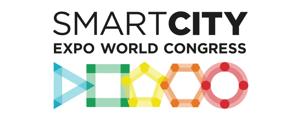 Logo for Smart City Expo World Congress with colorful geometric shapes underneath.