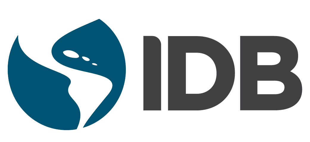 IDB logo with a blue stylized globe and dark gray text.