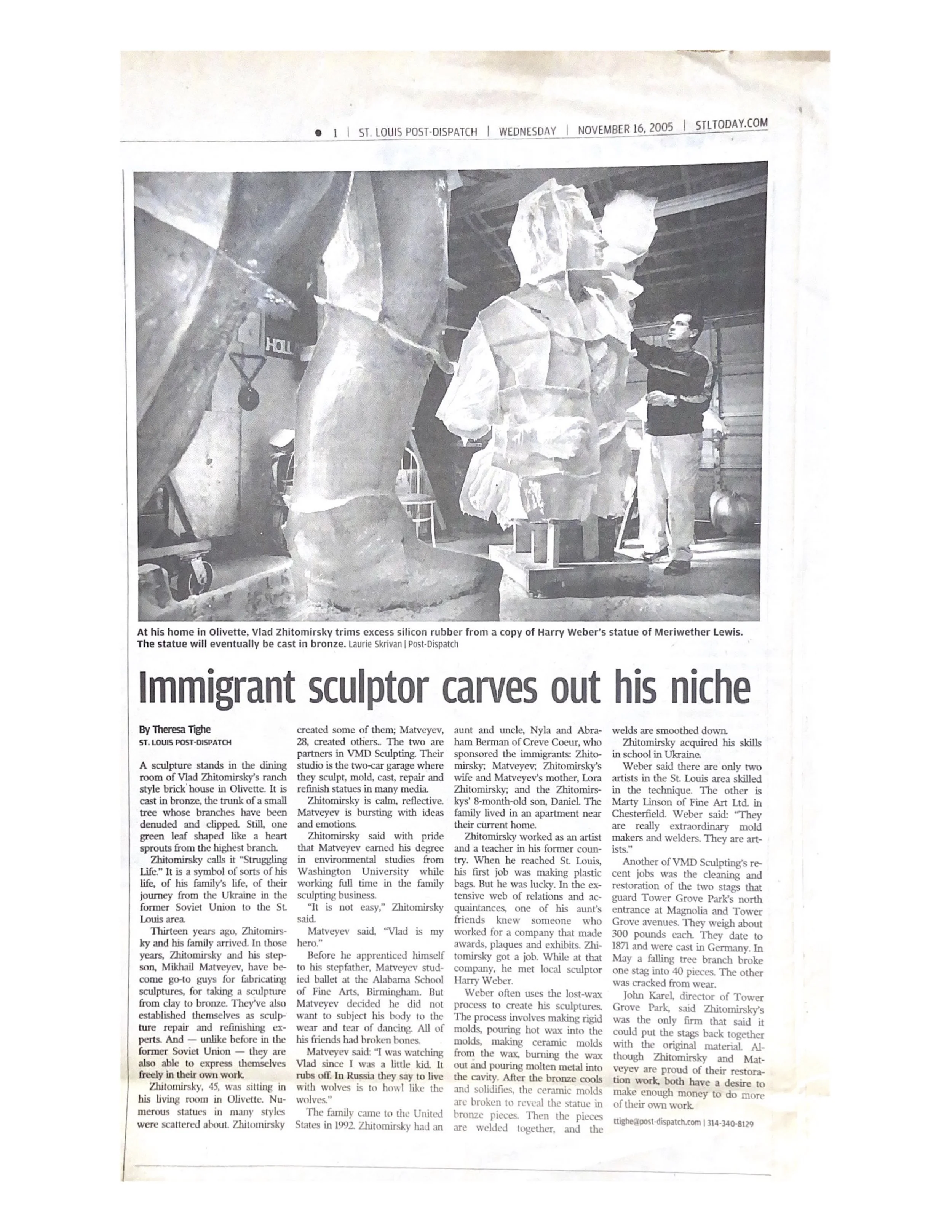 IMMIGRANT SCULPTOR CARVES OUT HIS NICHE - ST. LOUIS POST - NOVEMBER 16, 2005