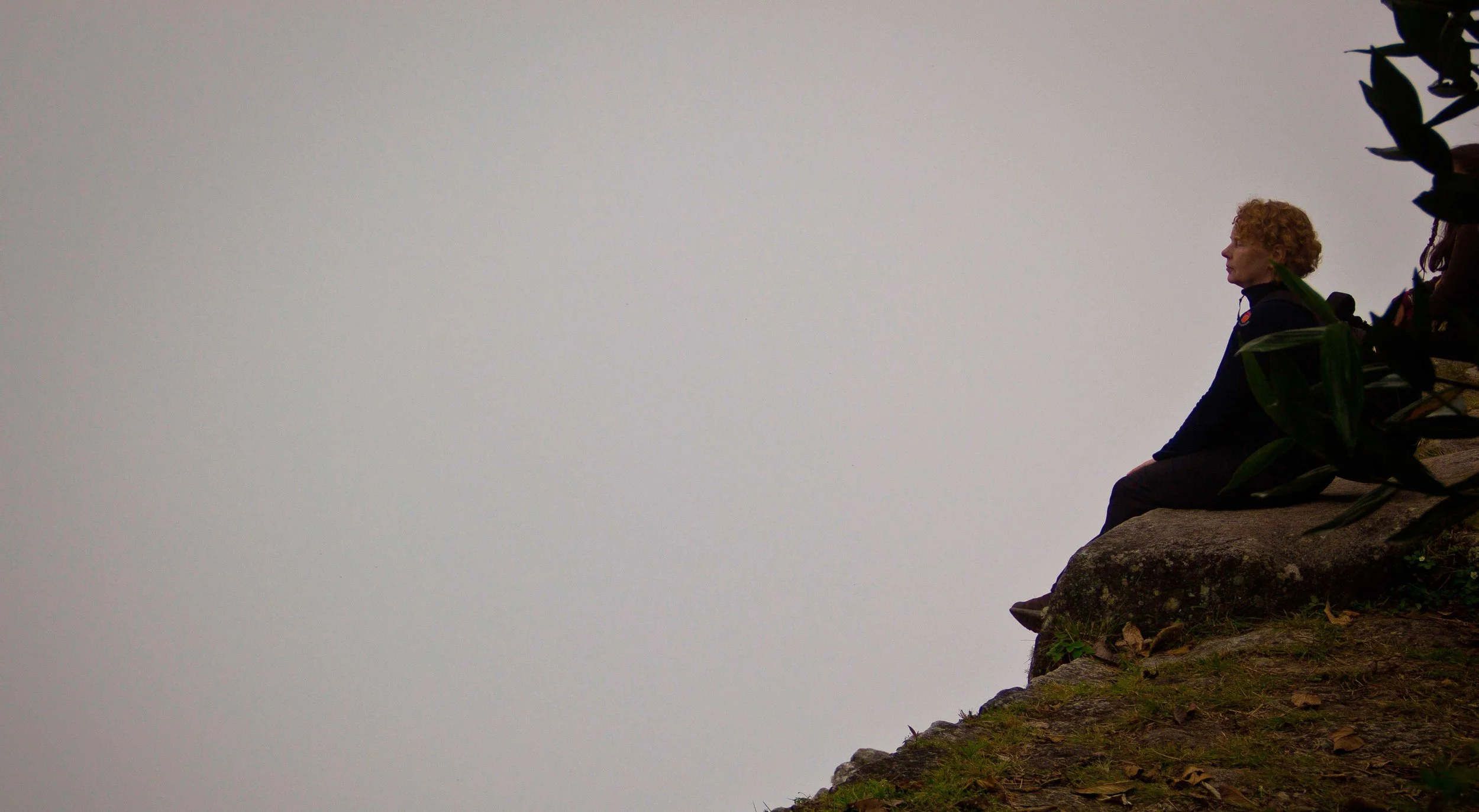 A woman sitting on a rock ledge, facing to the right, surrounded by foliage, with a cloudy or foggy sky in the background.