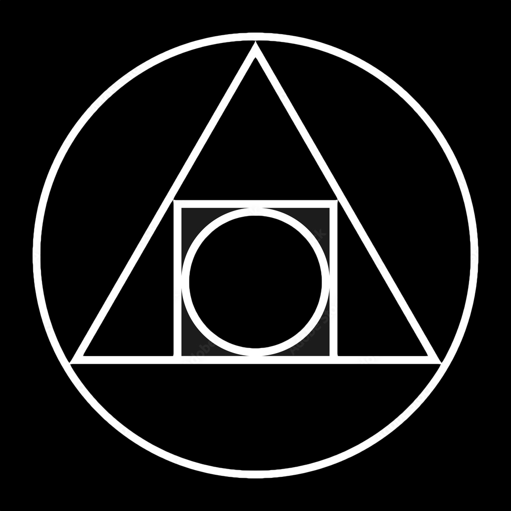 A geometric design with a large circle, inside it a triangle, within the triangle a square, and inside the square a circle, all outlined in white on a black background.
