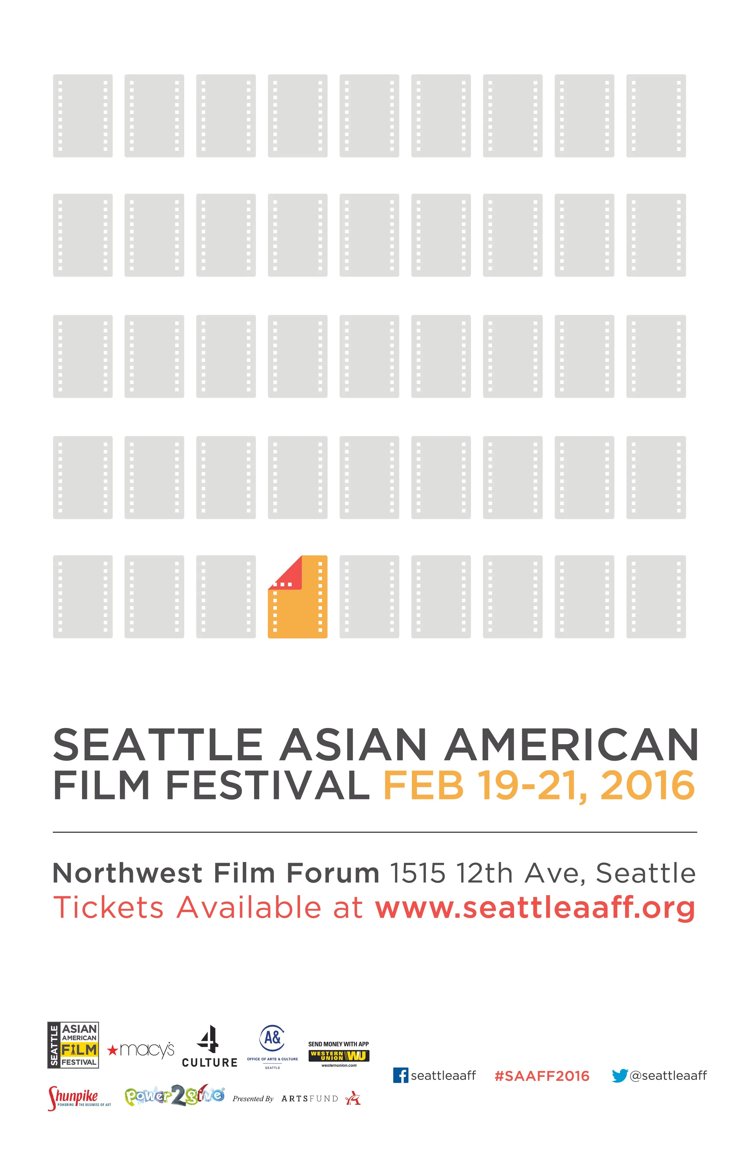 2016 SAAFF poster with a minimal white grid background and a single orange square representing the festival’s theme.