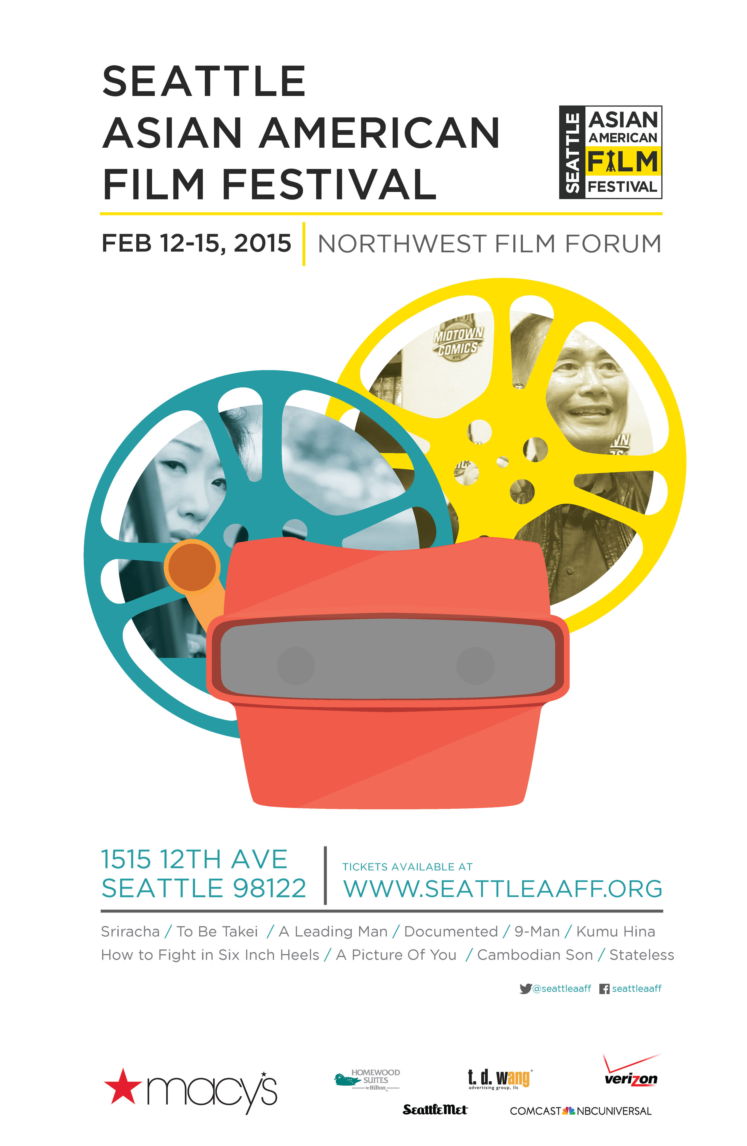 2015 SAAFF poster featuring teal and red illustrations of film reels, bowls, chopsticks, and cultural motifs.
