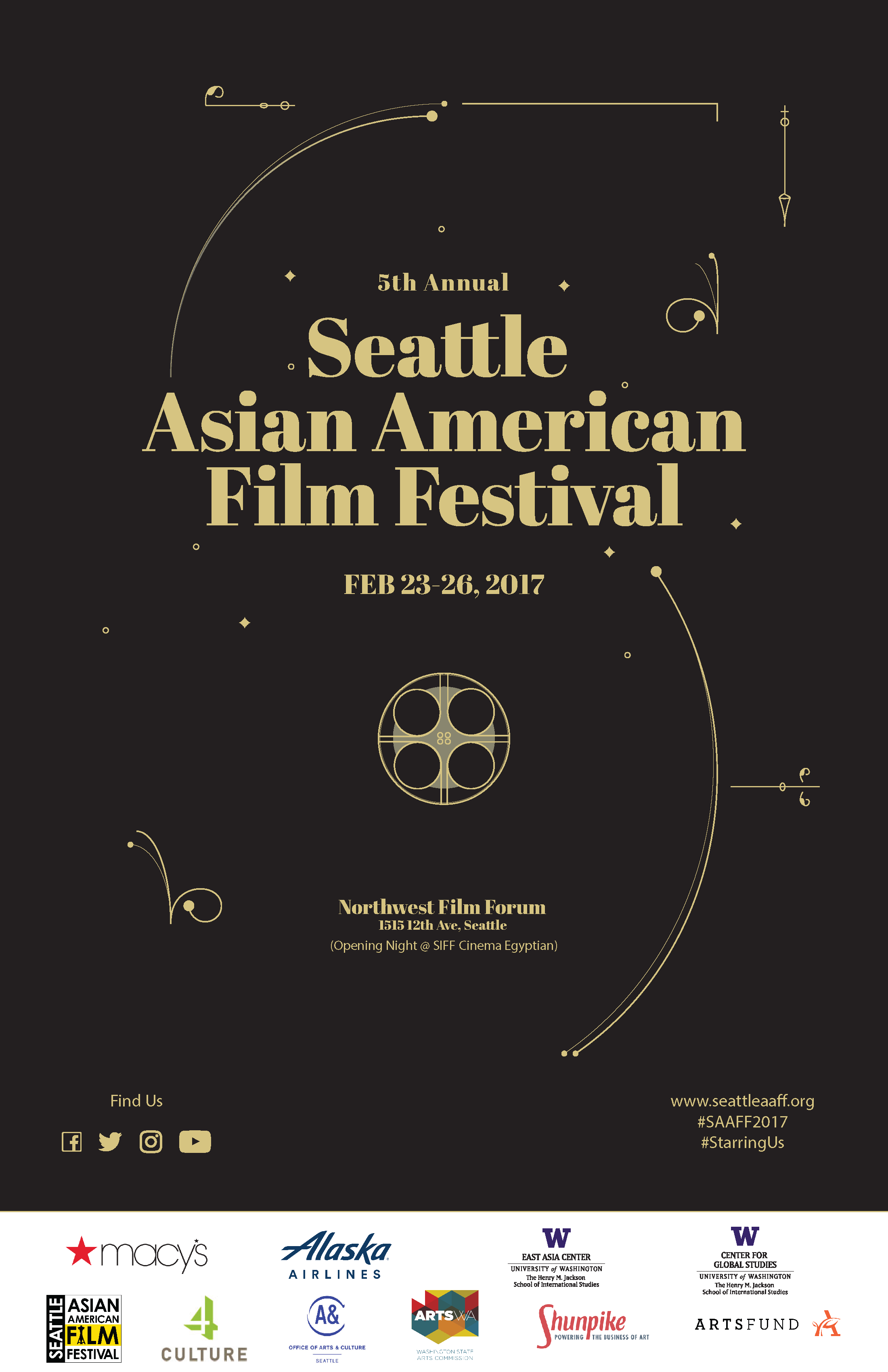 2017 SAAFF poster with a black background and a gold circular film-reel-inspired graphic.