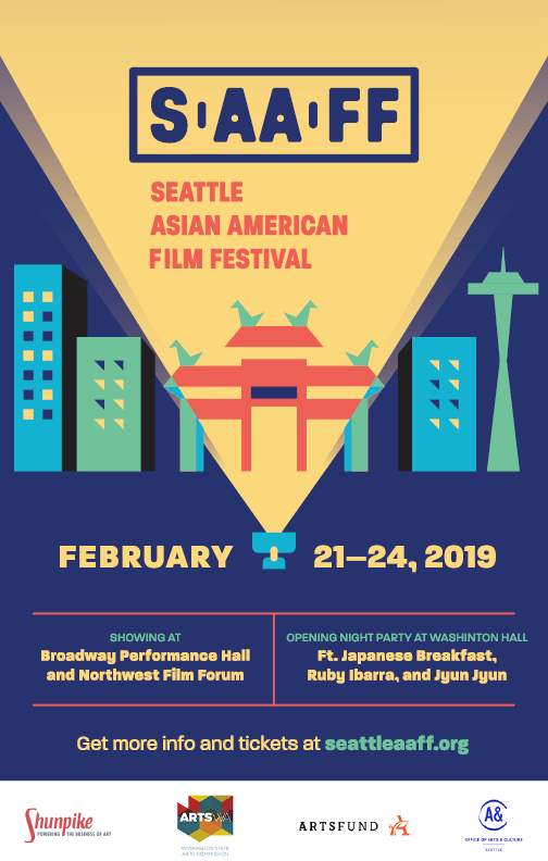 2019 SAAFF poster with a stylized city skyline and bold purple and orange geometric shapes.