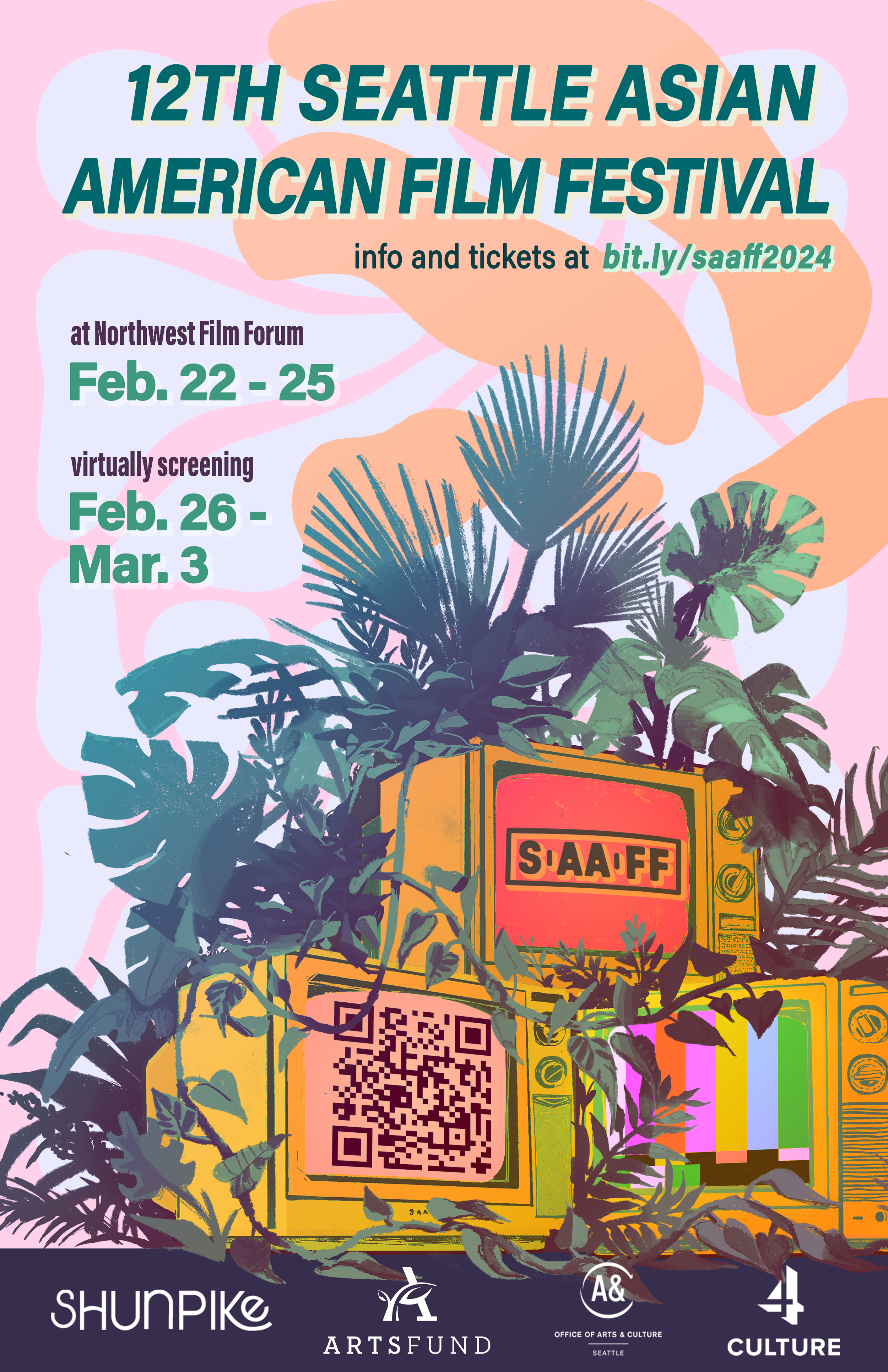 2024 SAAFF poster featuring lush tropical plants and a stylized street sign with festival details.
