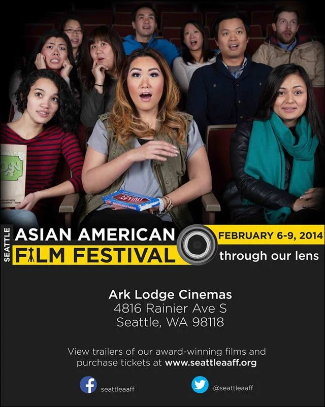 2014 SAAFF poster featuring a group photo of festival attendees surrounded by colorful graphic accents.