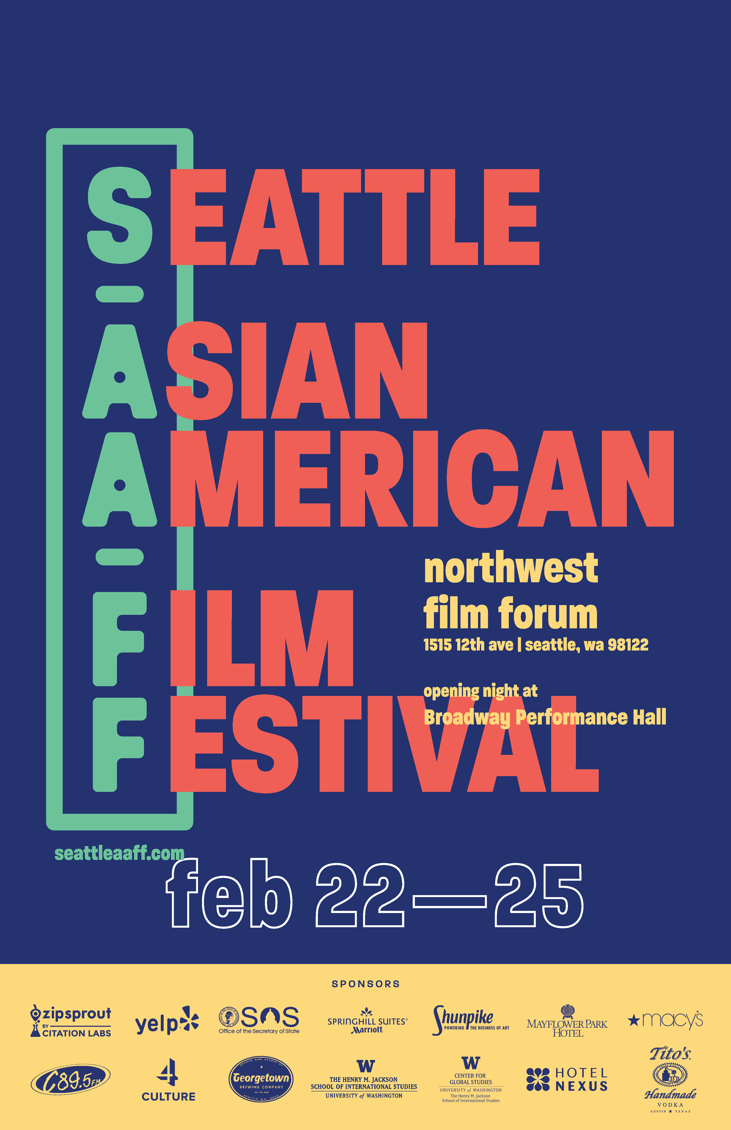 2018 SAAFF poster in deep blue featuring a tall vertical “SAAFF” type arrangement with spotlight-style lighting.