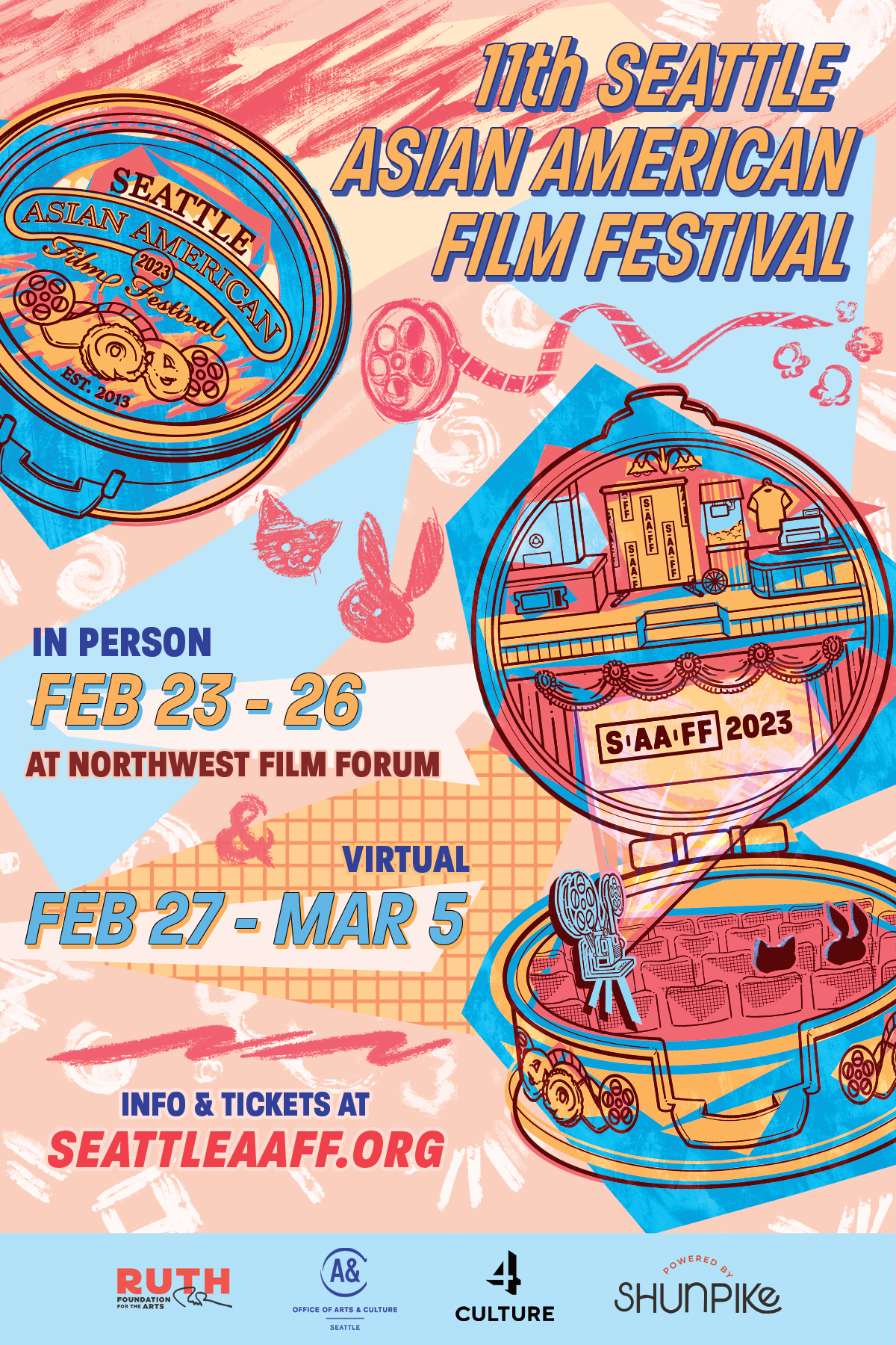 2023 SAAFF poster with bold red, pink, and blue tones and a graphic of a festival building surrounded by illustrated film elements.
