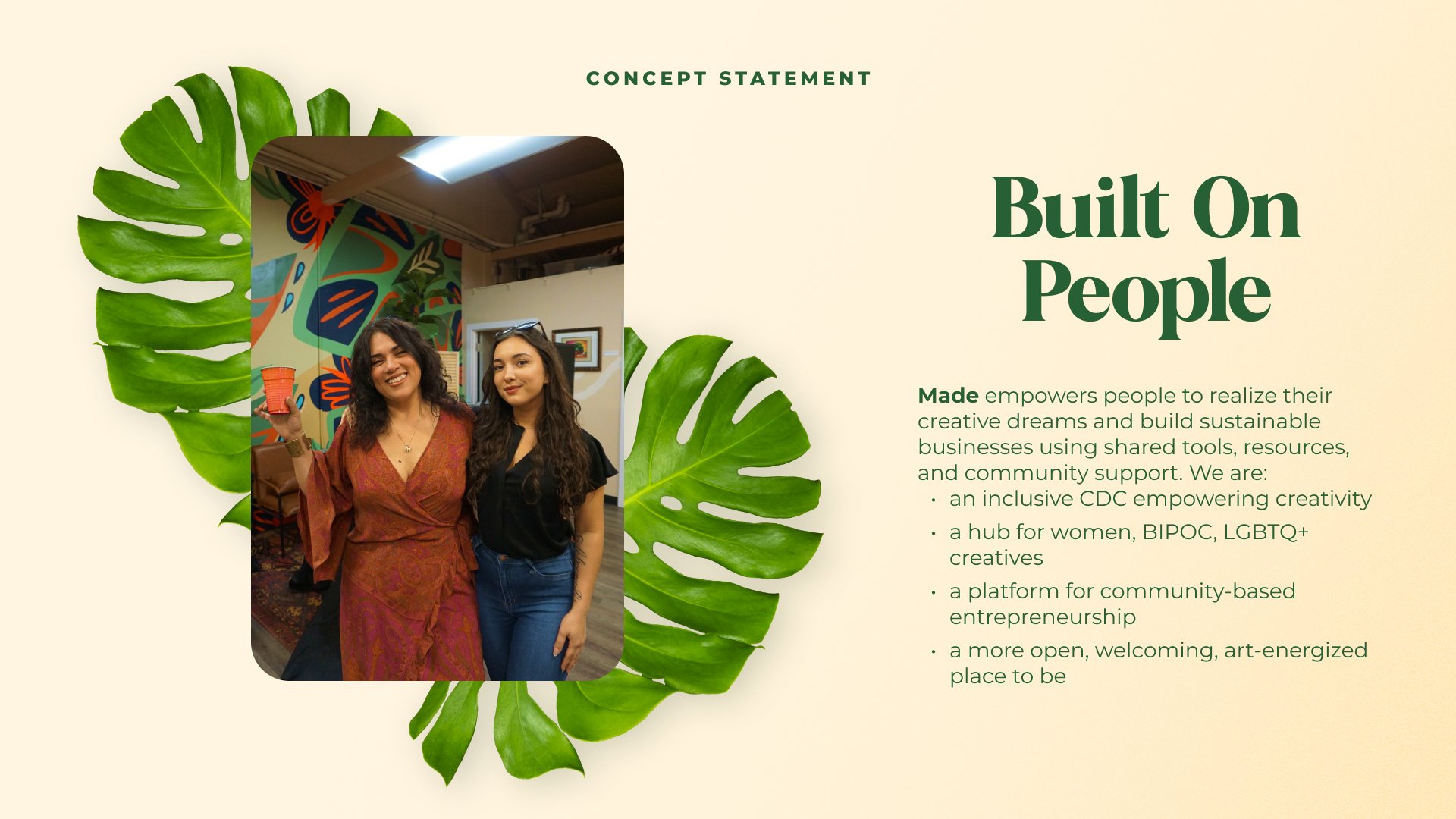 The concept statement declares the studio's commitment to elevating the community.