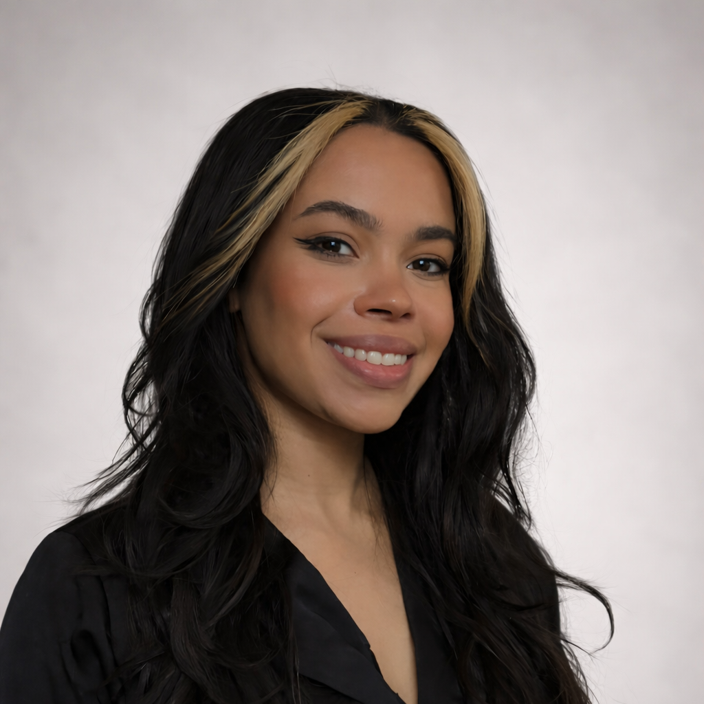 Woman with long dark hair, glasses, and a striped blue shirt smiling at the camera.