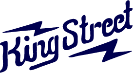 Logo with the text 'King Street' written in blue, stylized font with a lightning bolt design.
