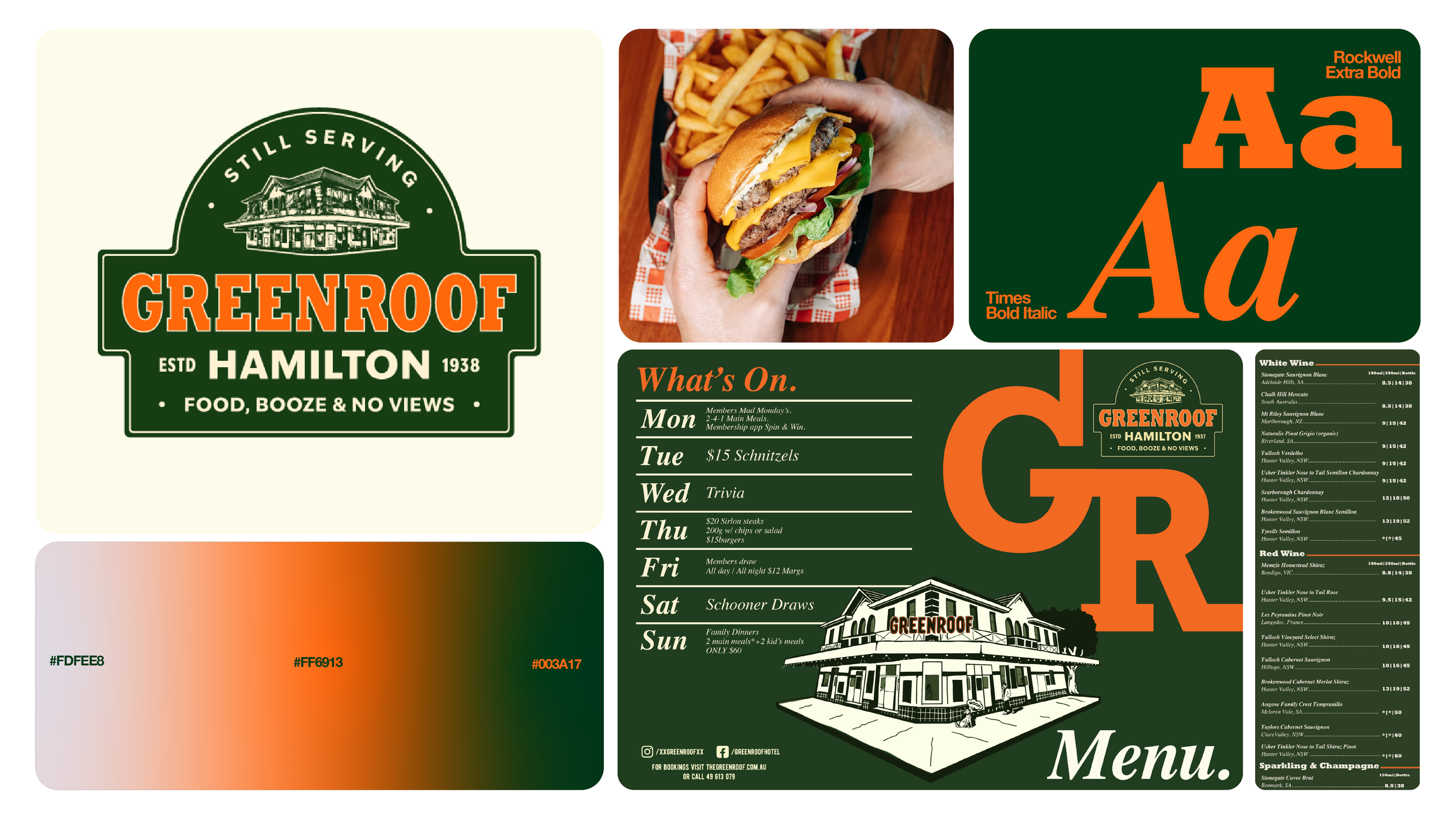 Design Rebrand board for Greenroof Hotel located in Hamilton, NSW with logo, menu, colour palette, font styles, and social media photo styling.