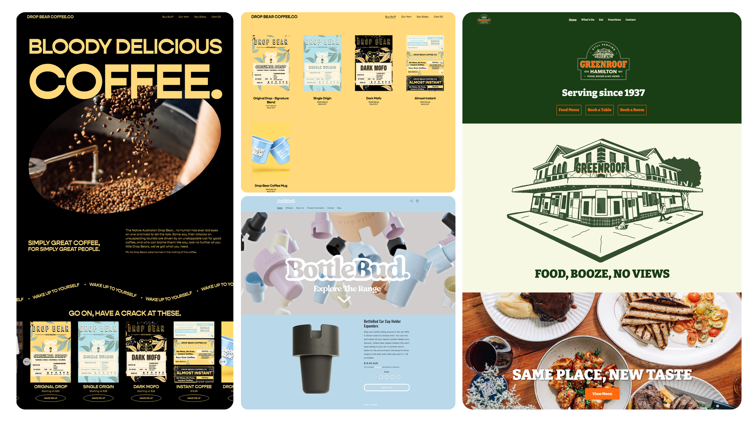 A collage of four different website homepage designs for coffee brands, a restaurant, and a product store, featuring coffee beans, product packaging, restaurant facade, and plated food.