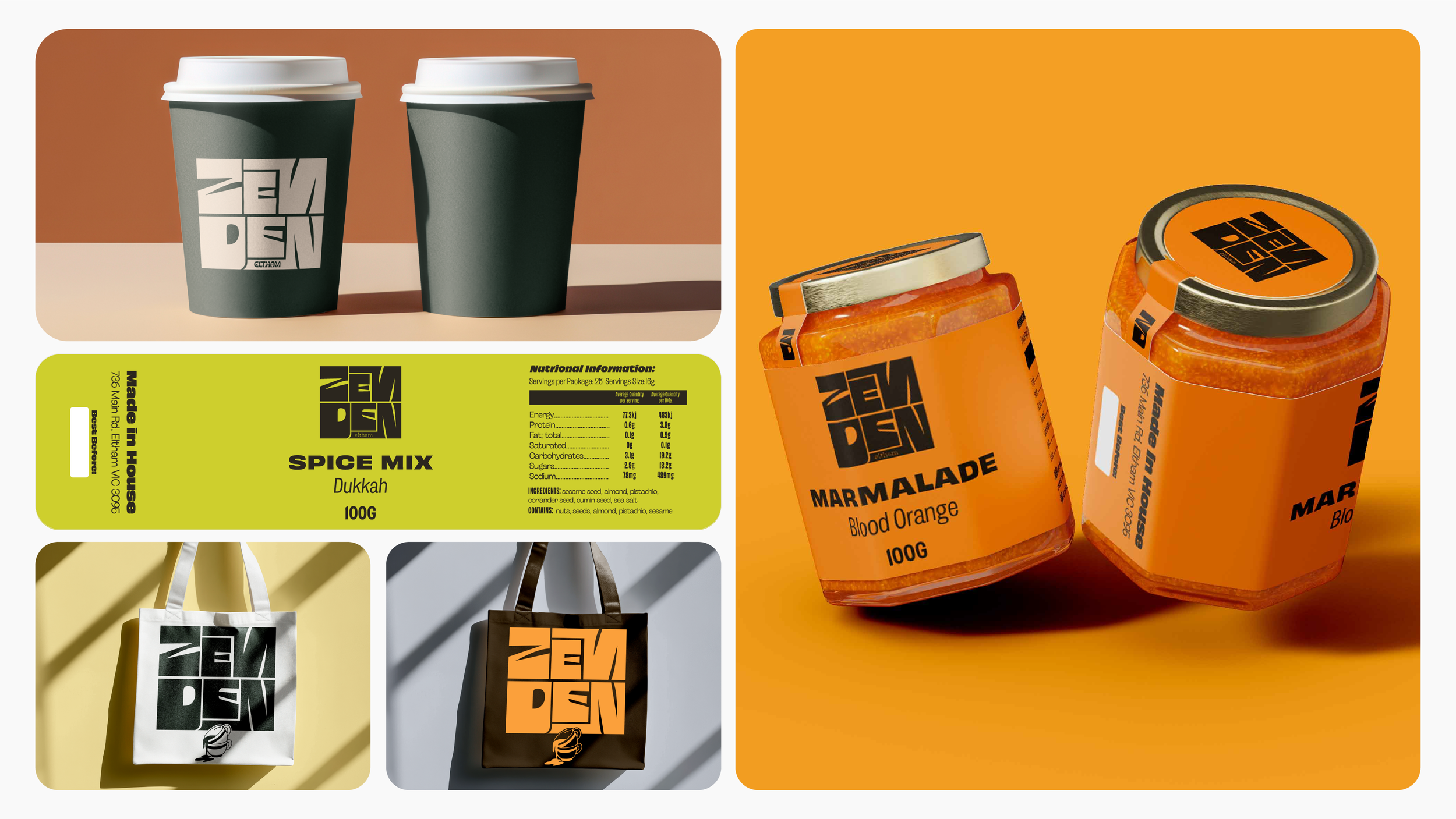 Packaging design for a coffee shop called Zen Den, featuring coffee cups, tote bags in white and black with the logo, a spice mix labeled Dukkah, and jarred marmalade with blood orange flavor.