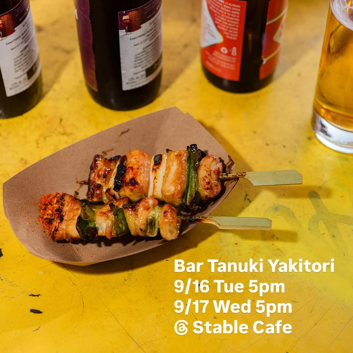 Hi Stable Cafe and Bar Tanuki friends,

We are doing a Yakitori Popup this Tuesday AND Wednesday, at the lovely courtyard at Stable Cafe in the evening!

Enjoy some nicely charred Yakitori chicken skewers, pickles, hot soups, grilled rice balls, and 